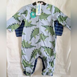Carter's 2 Pack Footies - Green Dinosaur/Navy & Green Stripe (0-3M)